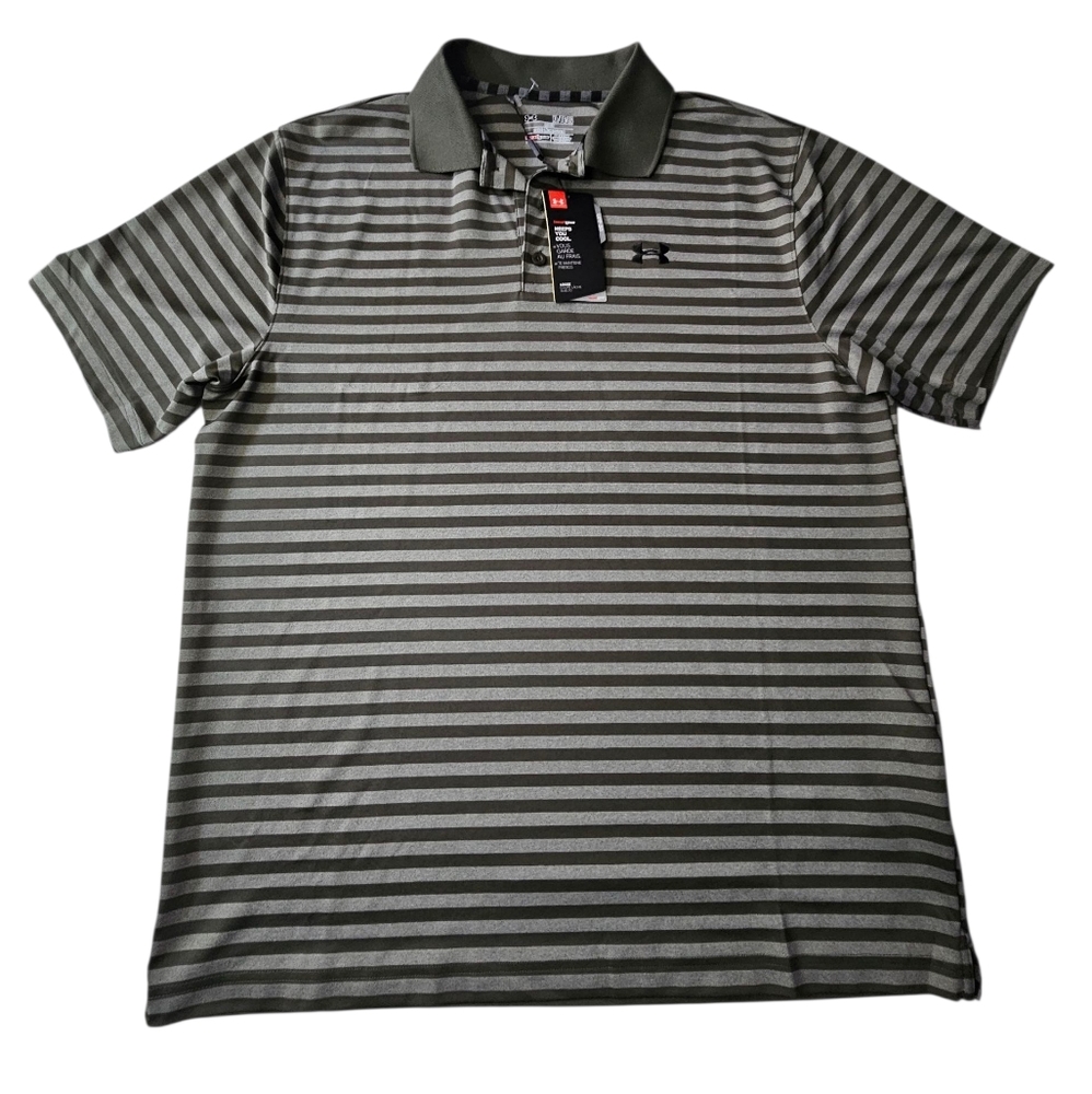 Under Armour Striped Golf Polo 1272865 Color Expedition Green Gray Men's XL NWT